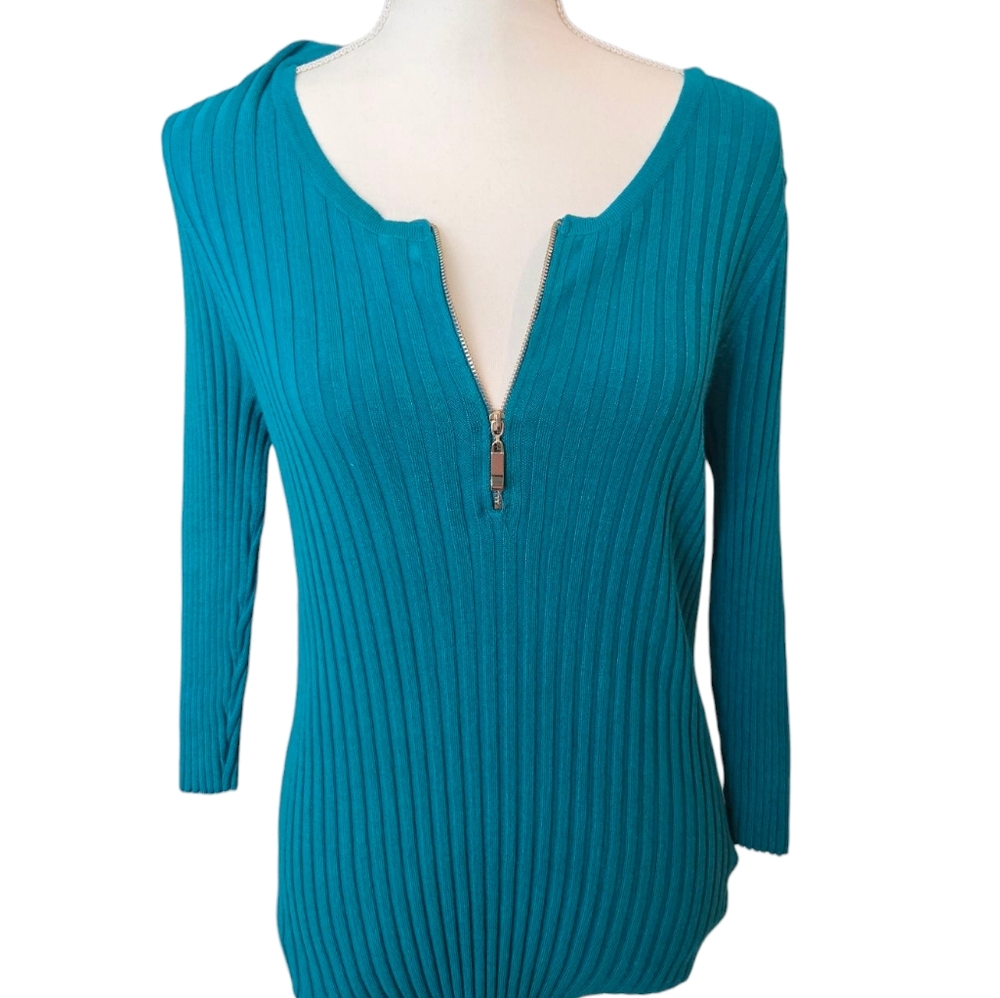 😁New York & Company Turquoise Quarter Zip Long Sleeve Top Size Medium